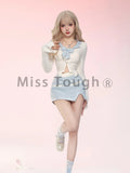 Lubintang Blue Kawaii Lolita Two Piece Skirt Set Women Bow Long Sleeve Sweet Y2k Suit Female Korean Fashion Designer Sweet Set 2024