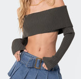 Lubintang Off Shoulder Sweaters Crop Tops for Women Y2K Tube Top Long Sleeve Backless Bodycon Fairycore Shirt Streetwear