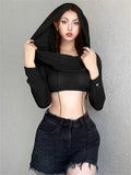 Lubintang Through Knit Hoodies Sexy Solid Pullover Hoodies Club Outfit for Women Long Sleeve Hooded Crop Top Coquette Black Y2k Top