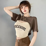 Lubintang Chic Fashion Women American Vintage Print Camisole +Solid Smock 2 Set Cropped Slim Dtreetwear Y2k Crop Tops Ropa Mujer