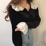 Lubintang Autumn Chic Fashion Korean Blouse Peter Pan Collar Vintage Elegant Shirt All Match Lace Patchwork Blusas Tops Mujer