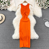 Lubintang Chic Fashion Woman Dress Solid O Neck Sleeveless Maxi Dresses Vintage Summer High Waist Knitted Stretch Vestidos Mujer