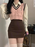 Lubintang Sweet Pink Knitted Vest for Woman 2024 Autumn New V-neck Sweater Vests Y2k Grunge Slim Fit Sleeveless Tops Mujer