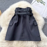 Lubintang Summer High Waist Double Belt 2024 Summer Mini Skirts Vintage All Match Pocket Patchwork Solid Harajuku Roupas Feminina