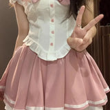 Lubintang Rabbit Ear Sailor Collar Puff Sleeve Shirts Women+ Y2k Slim Waist Ruched Pink Skirts Summer Oversize Two Piece Sets