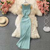 Lubintang Chic Fashion Woman Dress Solid O Neck Sleeveless Maxi Dresses Vintage Summer High Waist Knitted Stretch Vestidos Mujer