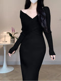 Lubintang Women Elegant Slim Knitting Midi Dress Autumn New Solid Ribbed Bodycon Evening Party Vestidos Winter Sweater Robe Jumper