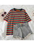 Lubintang Rainbow Stripe Women Summer T-Shirt Minimalist Short Sleeve Women clothes Tops tee shirt couple clothes tshirt top