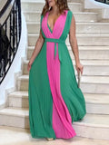 Lubintang Female Fashion Contrast Color Sexy V-Neck Pleated A-Line Prom Dress 2024 New Spring Summer Sleeveless Party Maxi Dresses