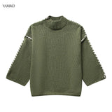 Lubintang Sweater Autumn Round Neck Pullovers Sweater Warm Knitted Chic Contrast Color Splicing Thread Sweater Jumpers Tops