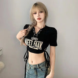 Lubintang Chic Fashion Women Summer Vintage Chain V Neck Drawstring Slim Waist Letter Print T-Shirt Streetwear Y2k Crop Top Mujer