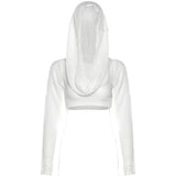 Lubintang Through Knit Hoodies Sexy Solid Pullover Hoodies Club Outfit for Women Long Sleeve Hooded Crop Top Coquette Black Y2k Top