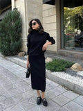 Lubintang Ribbed Knit 2 Piece Dress Set Outfits Ladies Knitwear Top And Midi Skirt Sets For Women Casual Winter Sweater Sets 2024