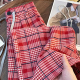 Lubintang 2024 Spring Plaid High Waist Women Pants Chic Fashion Harajuku Drawstring Wide Leg Trousers Loose Vintage Pantalones