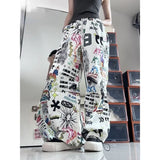 Lubintang Vintage Print High Waist Women Pants Chic Fashion Harajuku Drawstring Wide Leg Trousers Loose All Match Pantalones