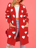 Lubintang Women Open Front Duster Sweaters Casual Heart Print Knitted Cardigans with Pockets Warm Fall Knitwear for Streetwear