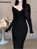 Lubintang Women Elegant Slim Knitting Midi Dress Autumn New Solid Ribbed Bodycon Evening Party Vestidos Winter Sweater Robe Jumper