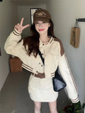 Lubintang Chic Fashion Women 3 Sets Spring Striped Sweet Cool Y2k Baseball Clothes Jackets+Letter Camisole+High Waist Mini Skirt