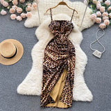 Lubintang Chic Fashion Woman Dress Sexy Leopard Spagretti Straps Sleeveless Slip Dresses For Women Streetwear Slit Vestidos Mujer