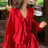 Lubintang V-neck Ruffles Long Sleeve Tops Women+ Y2k E-Girl High Waist Ruched A-line Skirts Spring New Red Two Piece Sets