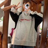 Lubintang Vintage Gray Sweatshirts Women Hip Hop Retro Streetwear Long Sleeve Hoodie Female Harajuku Kpop Patchwork Letter Top