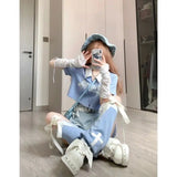 Lubintang Chic Fashion Contrast Color Turn Down Collar Women Tops +All Match Jean Patchwork Dress+leg Warmer 3 Set Ropa Mujer