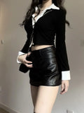 Lubintang Fake Two Piece Lapel Neck Long Sleeve Tops Women+ Y2k High Waist Pu Black Leather Skirts 2024 Spring New Sets