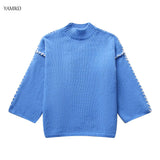 Lubintang Sweater Autumn Round Neck Pullovers Sweater Warm Knitted Chic Contrast Color Splicing Thread Sweater Jumpers Tops