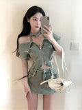 Lubintang Chic Fashion Halter Slash Neck Sexy Short Sleeve Y2k Crop Tops + Slim All Match Dresses Streetwear 2 Sets Ropa Mujer