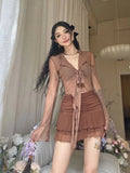 Lubintang Flare Sleeve Blouses for Women Lace-up Mesh Sexy Sweet Hot Girls Korean Fashion Style All-match Solid Design Elegant Casual