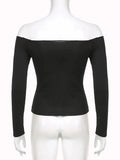 Lubintang Solid Slash Neck Elegant Long Sleeve Tops Korean Fashion Slim Sexy Cropped T Shirt Women Fall Clothing