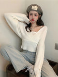 Lubintang Two Sweater Women 2024 Spring Autumn New V-Neck Full Sexy Knitted Sweaters Korean Short Chic Wild Fashion Pullovers