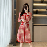 Lubintang Spring Pullover Knitted Sweater Dress Women Korean Fashion Vintage Round Neck Plaid Red Black Dress Robe Femme Vestidos