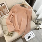 Lubintang Pink Crop Knit Off Shoulder Sweater Top Women Korean Autumn Loose Oversize Pullover High Quality Youth Elegant Knitwear