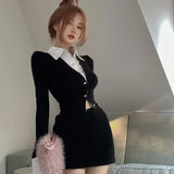 Lubintang Fake Two Piece Slim Fit Long Sleeve Shirts for Women+ Y2k E-Girl High Waist Bodycon Skirts 2024 Autumn Sets