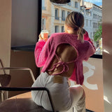 Lubintang Inspired Knitted Open Back Balloon Sleeve Sweater round neck pink sweater women autumn winter sweaters jumper for women