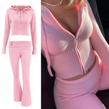 Lubintang Women Spring Outfits Casual Zipper Sweater Hoodie Set High Waist Flare Pants Suits Pink Knitted Womens Y2k Two Piece Set