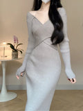 Lubintang Women Elegant Slim Knitting Midi Dress Autumn New Solid Ribbed Bodycon Evening Party Vestidos Winter Sweater Robe Jumper