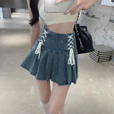 Lubintang Chic Blue Denim Skirt for Women 2024 Summer New High Waist A-line Skirts Y2k E-Girl Drawstring Bow Faldas Mujer