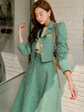 Lubintang Women Two piece Set Korean Chic French Temperament V-neck Pearl Button Puff Sleeve Short Jacket + High Waist Swing Skirt Suits