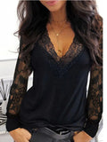 Lubintang V-neck Lace Long Sleeve T-shirt for Women Spring Winter Clothes Sexy Solid Color Black Tee Shirt Office Lady Top