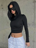 Lubintang Women's Hooded Crop Tops Autumn Solid Color Long Sleeve Cowl Neck Slim Fit Short T-Shirt Streetwear Sporty Basics Tees