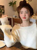 Lubintang Pink Crop Knit Off Shoulder Sweater Top Women Korean Autumn Loose Oversize Pullover High Quality Youth Elegant Knitwear