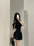 Lubintang Off Shoulder Sleeveless Halter Black Tops Women+ Y2k E-Girl High Waist Ruched Skirts 2024 Summer New Two Piece Sets