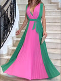 Lubintang Female Fashion Contrast Color Sexy V-Neck Pleated A-Line Prom Dress 2024 New Spring Summer Sleeveless Party Maxi Dresses