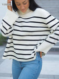 Lubintang New Autumn Winter Sweater Classic Style Loose Striped Turtleneck 100% Cashmere Pullover Tops Women's Sweater Pull Femme