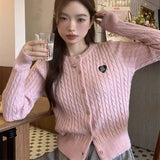 Lubintang Chic Korean Fashion Twist Long Sleeve Knitted Cardigans Women Heart Embroidery Sweet Sweater Coats Tops Ropa Mujer