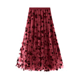 Lubintang Women¡¯s Mesh Tulle Long Skirt Vintage High Waist Flocked Floral Print Midi A-line Skirt Streetwear