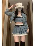 Lubintang Chic Fashion Women Streetwear Y2k Denim Jackets+Sexy Strapless Tube Tank Top+HIgh Waist Pleated Mini Skirts 3 Set Mujer