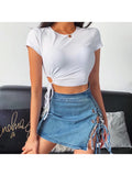 Lubintang T shirt Crop Tops Women Summer Short Sleeve Solid Round Neck Short Tee Top Drawstring Slim Fashion Female Shirts